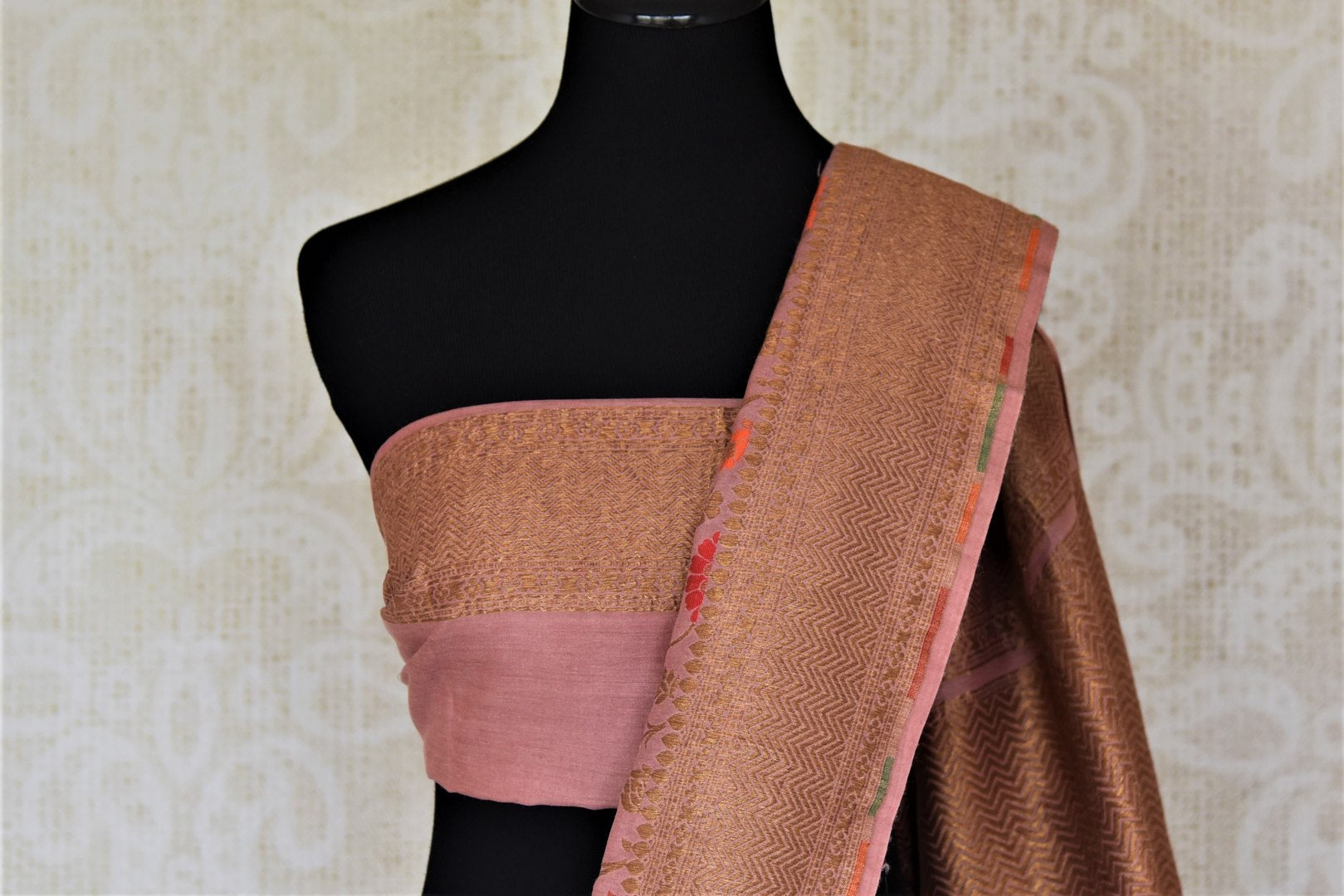 Shop beautiful blush pink minakari weave Banarasi saree online in USA with zari work. Keep it light yet festive on special occasions with beautiful handwoven saris, Banarasi sarees from Pure Elegance Indian fashion store in USA.-blouse pallu