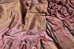 Shop beautiful blush pink minakari weave Banarasi saree online in USA with zari work. Keep it light yet festive on special occasions with beautiful handwoven saris, Banarasi sarees from Pure Elegance Indian fashion store in USA.-details