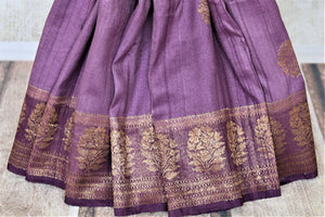 Shop beautiful purple tussar Benarasi saree online in USA with floral zari buta border. Be the center of attraction at parties and weddings with beautiful Banarasi silk sarees, pure silk sarees, handwoven sarees, Banarasi saris from Pure Elegance Indian fashion store in USA.-pleats
