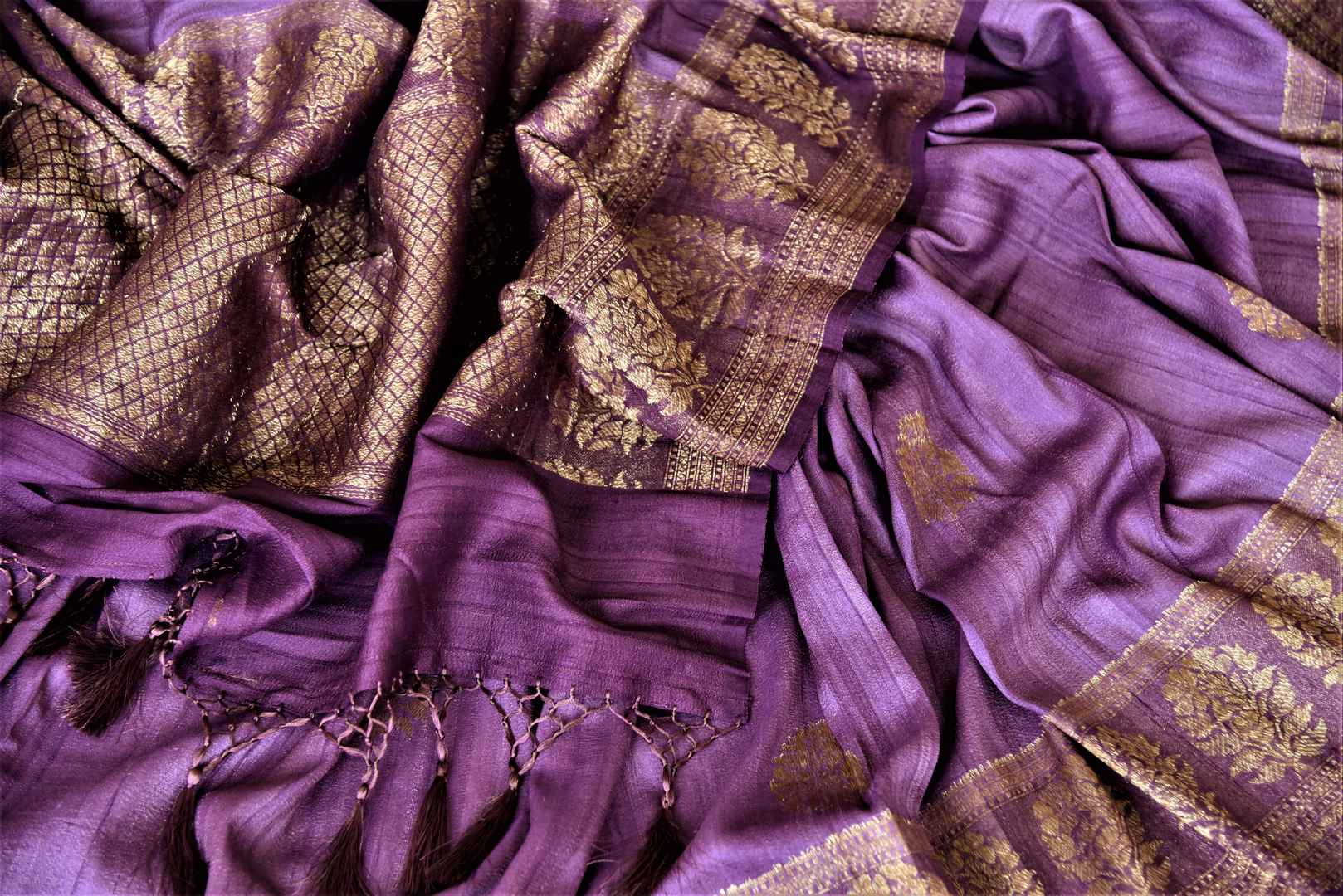 Shop beautiful purple tussar Benarasi saree online in USA with floral zari buta border. Be the center of attraction at parties and weddings with beautiful Banarasi silk sarees, pure silk sarees, handwoven sarees, Banarasi saris from Pure Elegance Indian fashion store in USA.-details