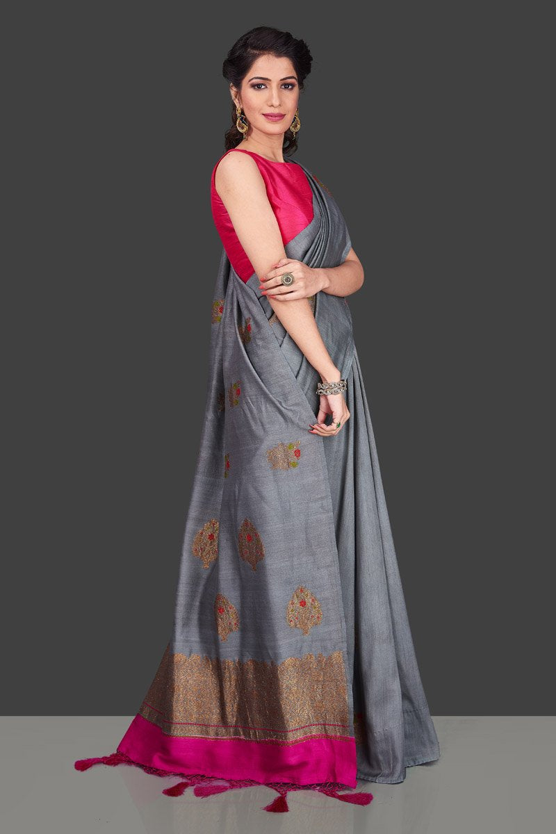 Shop lovely grey borderless muga Banarasi sari online in USA with antique zari buta. Shop beautiful Banarasi sarees, georgette sarees, pure muga silk sarees in USA from Pure Elegance Indian fashion boutique in USA. Get spoiled for choices with a splendid variety of Indian saris to choose from! Shop now.-side