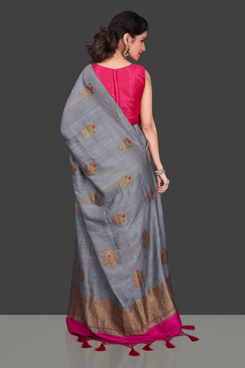 Shop lovely grey borderless muga Banarasi sari online in USA with antique zari buta. Shop beautiful Banarasi sarees, georgette sarees, pure muga silk sarees in USA from Pure Elegance Indian fashion boutique in USA. Get spoiled for choices with a splendid variety of Indian saris to choose from! Shop now.-back