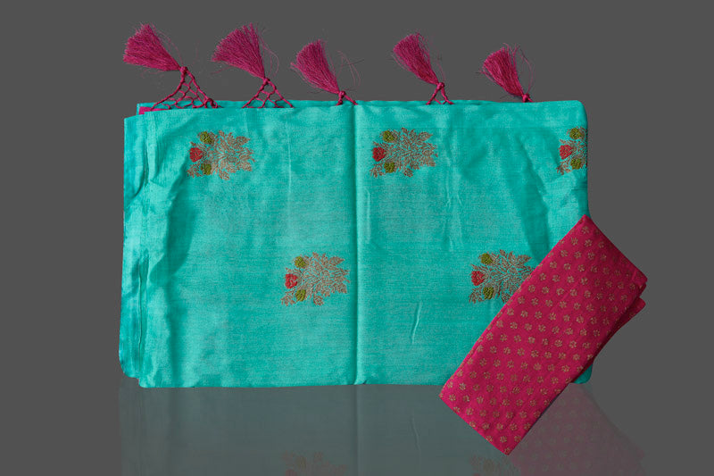 Buy stunning sea green muga Banarasi sari online in USA with zari buta. Shop beautiful Banarasi sarees, georgette sarees, pure muga silk sarees in USA from Pure Elegance Indian fashion boutique in USA. Get spoiled for choices with a splendid variety of Indian saris to choose from! Shop now.-details