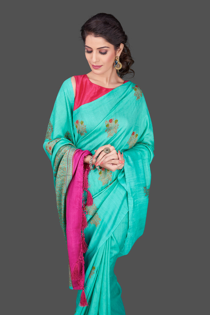 Buy stunning sea green muga Banarasi sari online in USA with zari buta. Shop beautiful Banarasi sarees, georgette sarees, pure muga silk sarees in USA from Pure Elegance Indian fashion boutique in USA. Get spoiled for choices with a splendid variety of Indian saris to choose from! Shop now.-closeup