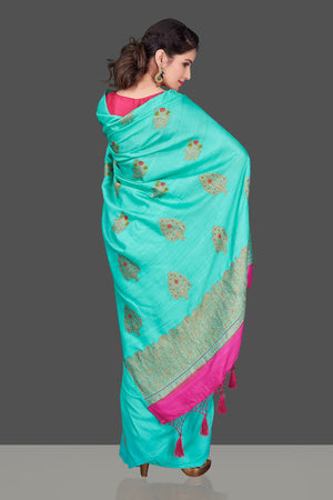 Buy stunning sea green muga Banarasi sari online in USA with zari buta. Shop beautiful Banarasi sarees, georgette sarees, pure muga silk sarees in USA from Pure Elegance Indian fashion boutique in USA. Get spoiled for choices with a splendid variety of Indian saris to choose from! Shop now.-back