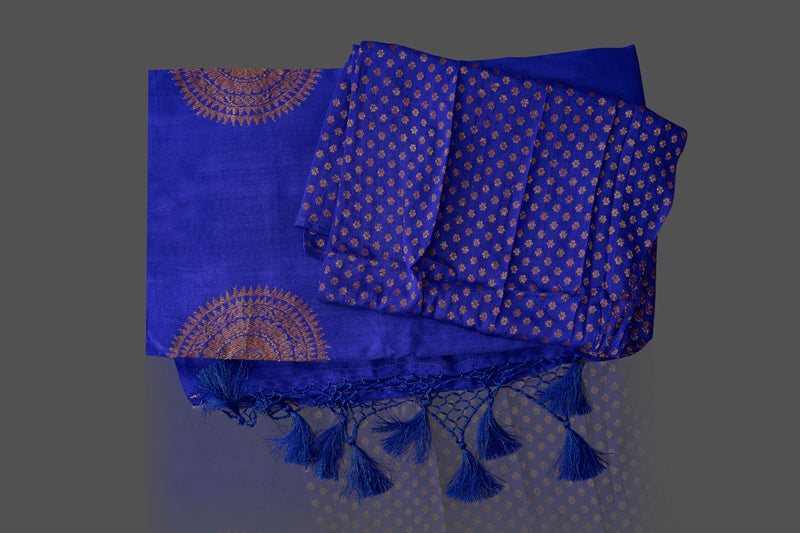 Shop attractive indigo blue borderless muga Banarasi saree online in USA with big zari buta. Shop beautiful Banarasi sarees, georgette sarees, pure muga silk sarees in USA from Pure Elegance Indian fashion boutique in USA. Get spoiled for choices with a splendid variety of Indian saris to choose from! Shop now.-blouse