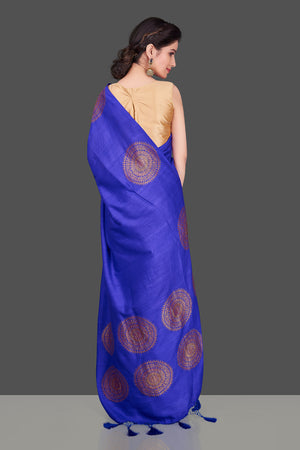 Shop attractive indigo blue borderless muga Banarasi saree online in USA with big zari buta. Shop beautiful Banarasi sarees, georgette sarees, pure muga silk sarees in USA from Pure Elegance Indian fashion boutique in USA. Get spoiled for choices with a splendid variety of Indian saris to choose from! Shop now.-back