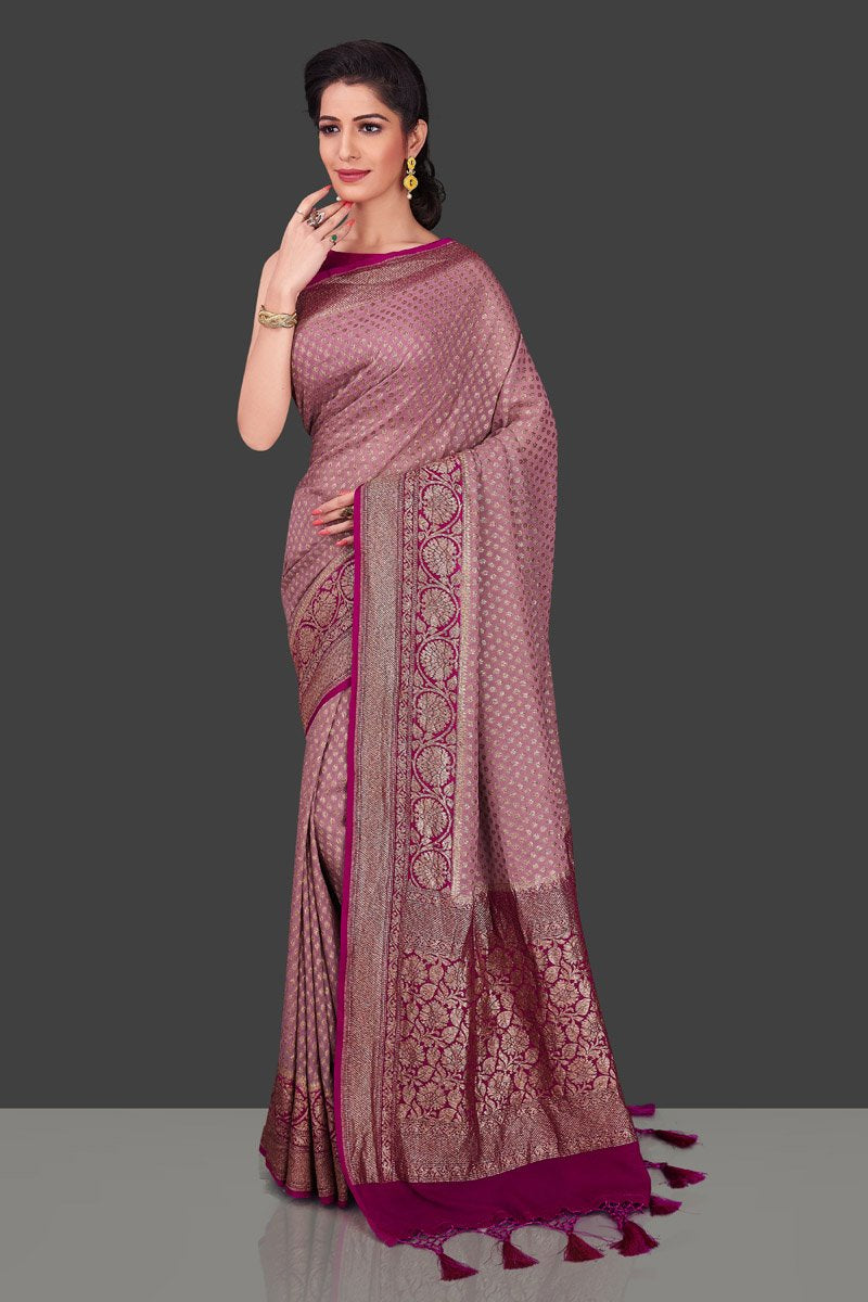 Buy gorgeous mauve color georgette Benarasi sari online in USA with magenta zari border. Shop beautiful Banarasi sarees, georgette sarees, pure muga silk sarees in USA from Pure Elegance Indian fashion boutique in USA. Get spoiled for choices with a splendid variety of Indian saris to choose from! Shop now.-blouse pallu