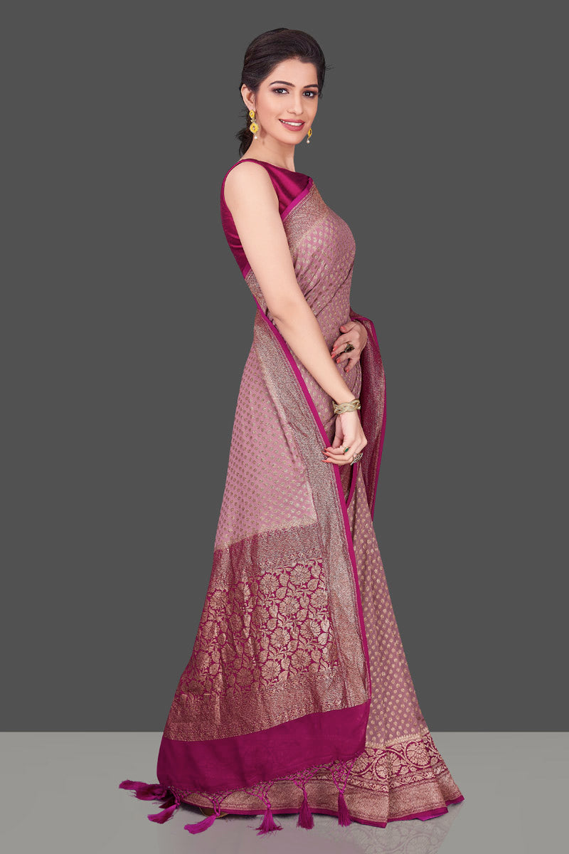 Buy gorgeous mauve color georgette Benarasi sari online in USA with magenta zari border. Shop beautiful Banarasi sarees, georgette sarees, pure muga silk sarees in USA from Pure Elegance Indian fashion boutique in USA. Get spoiled for choices with a splendid variety of Indian saris to choose from! Shop now.-side