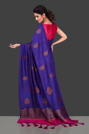Buy gorgeous purple borderless muga Banarasi saree online in USA with floral bunch zari buta. Shop beautiful Banarasi sarees, georgette sarees, pure muga silk sarees in USA from Pure Elegance Indian fashion boutique in USA. Get spoiled for choices with a splendid variety of Indian saris to choose from! Shop now.-back