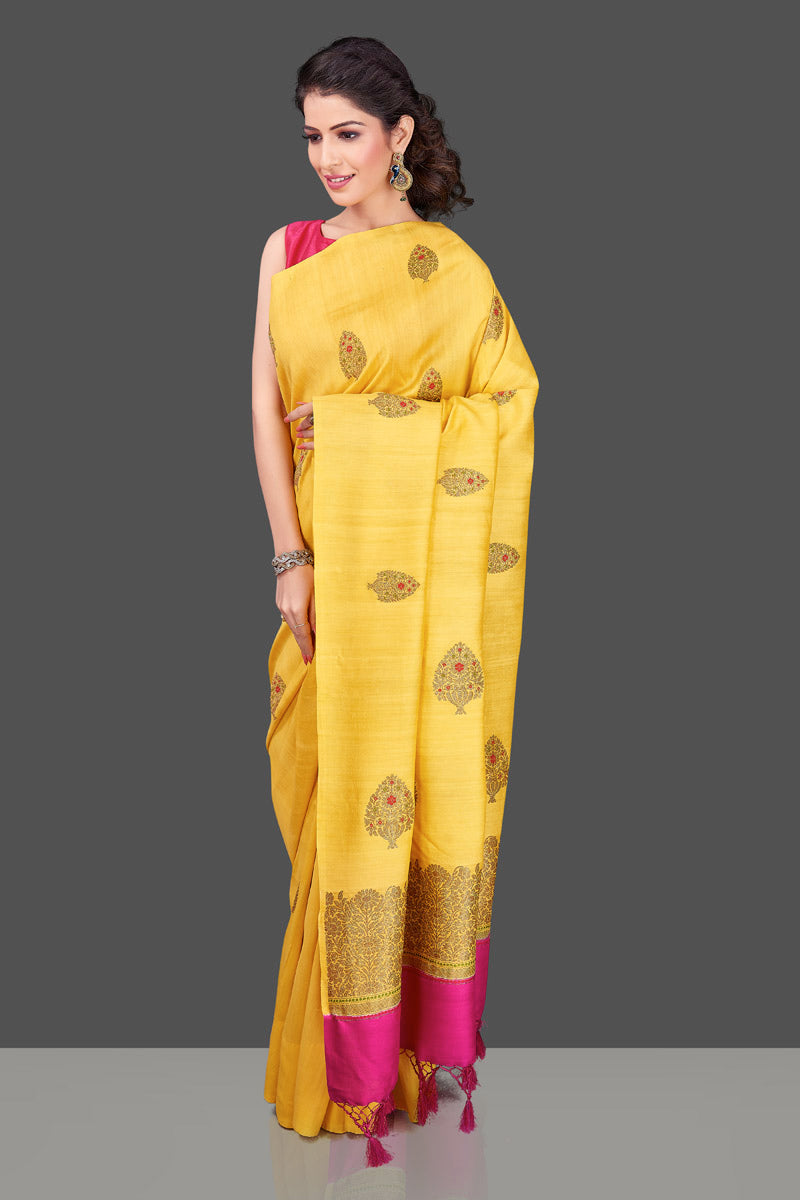 90J549-RO Bright Yellow Borderless Muga Banarasi Sari with Zari Buta