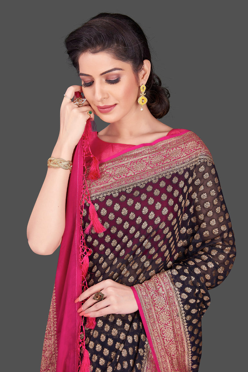 Buy Black Satin Georgette Colorblock Textured Pattern Saree With Blouse For  Women by Sobariko Online at Aza Fashions.