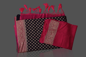 Shop beautiful black georgette Banarasi saree online in USA with pink zari border. Shop beautiful Banarasi sarees, georgette sarees, pure muga silk sarees in USA from Pure Elegance Indian fashion boutique in USA. Get spoiled for choices with a splendid variety of Indian saris to choose from! Shop now.-details
