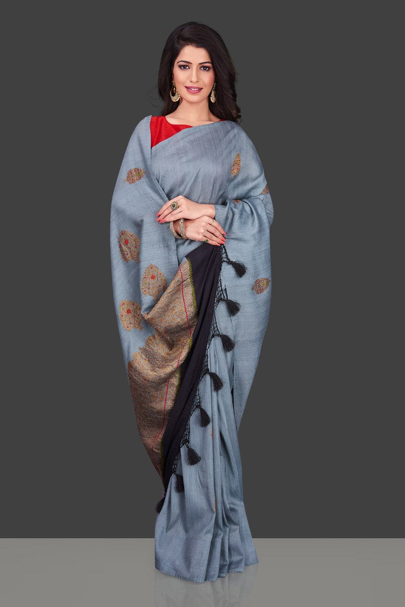Buy light grey borderless muga Banarasi saree online in USA with floral zari buta. Shop beautiful Banarasi sarees, georgette sarees, pure muga silk sarees in USA from Pure Elegance Indian fashion boutique in USA. Get spoiled for choices with a splendid variety of designer saris to choose from! Shop now.-front