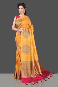 Buy online yellow borderless Banarasi muga saree in USA with big zari buta. Shop beautiful Banarasi sarees, georgette sarees, pure muga silk sarees in USA from Pure Elegance Indian fashion boutique in USA. Get spoiled for choices with a splendid variety of designer saris to choose from! Shop now.-full view