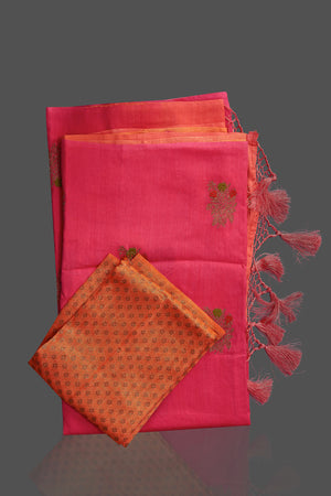 Buy orange and pink muga Banarasi saree online in USA with zari minakari buta. Shop beautiful Banarasi georgette sarees, tussar sarees, pure muga silk sarees in USA from Pure Elegance Indian fashion boutique in USA. Get spoiled for choices with a splendid variety of Indian saris to choose from! Shop now.-details