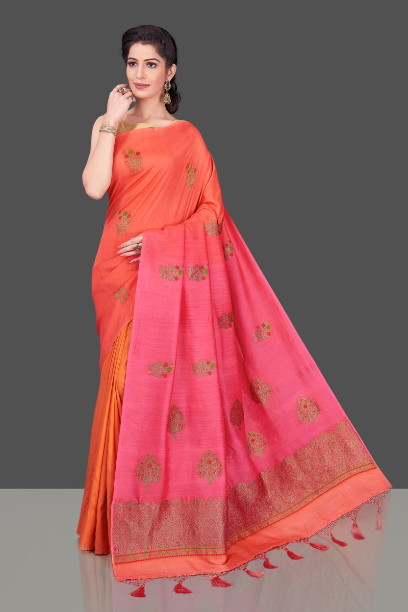 Buy orange and pink muga Banarasi saree online in USA with zari minakari buta. Shop beautiful Banarasi georgette sarees, tussar sarees, pure muga silk sarees in USA from Pure Elegance Indian fashion boutique in USA. Get spoiled for choices with a splendid variety of Indian saris to choose from! Shop now.-front