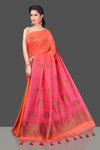 Buy orange and pink muga Banarasi saree online in USA with zari minakari buta. Shop beautiful Banarasi georgette sarees, tussar sarees, pure muga silk sarees in USA from Pure Elegance Indian fashion boutique in USA. Get spoiled for choices with a splendid variety of Indian saris to choose from! Shop now.-full view