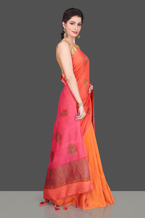 Buy orange and pink muga Banarasi saree online in USA with zari minakari buta. Shop beautiful Banarasi georgette sarees, tussar sarees, pure muga silk sarees in USA from Pure Elegance Indian fashion boutique in USA. Get spoiled for choices with a splendid variety of Indian saris to choose from! Shop now.-side