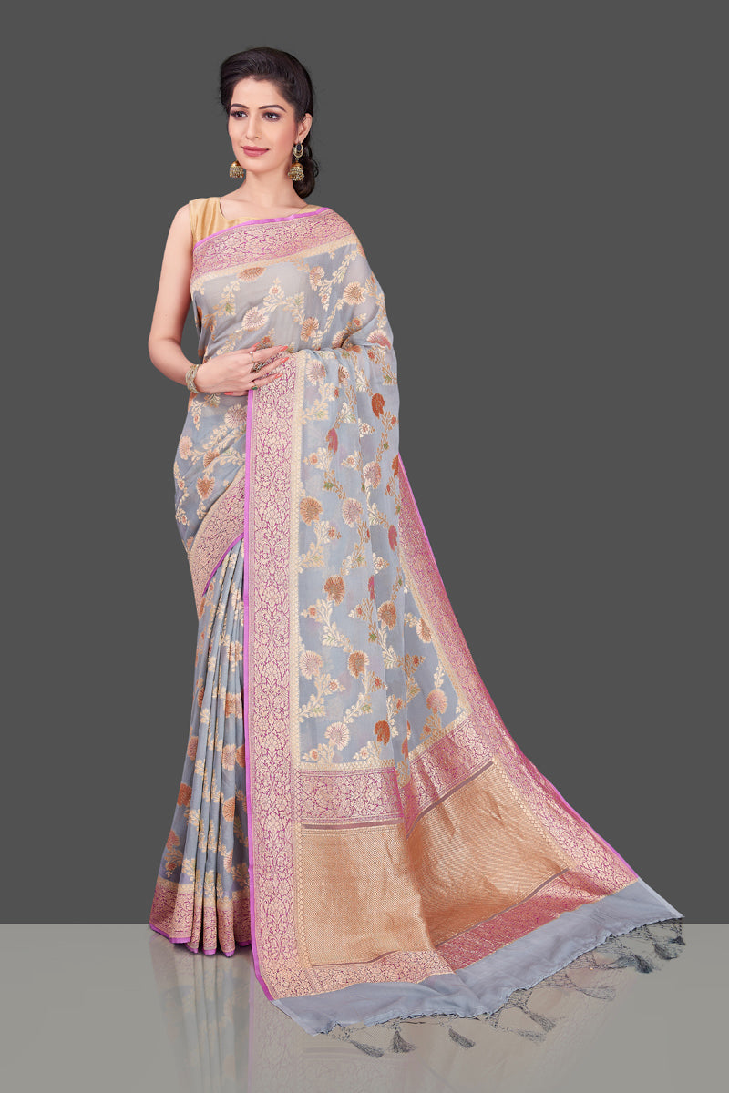 Shop light grey georgette Banarasi sari online in USA with floral zari jaal. Shop beautiful Banarasi georgette sarees, tussar sarees, pure muga silk sarees in USA from Pure Elegance Indian fashion boutique in USA. Get spoiled for choices with a splendid variety of Indian saris to choose from! Shop now.-full view