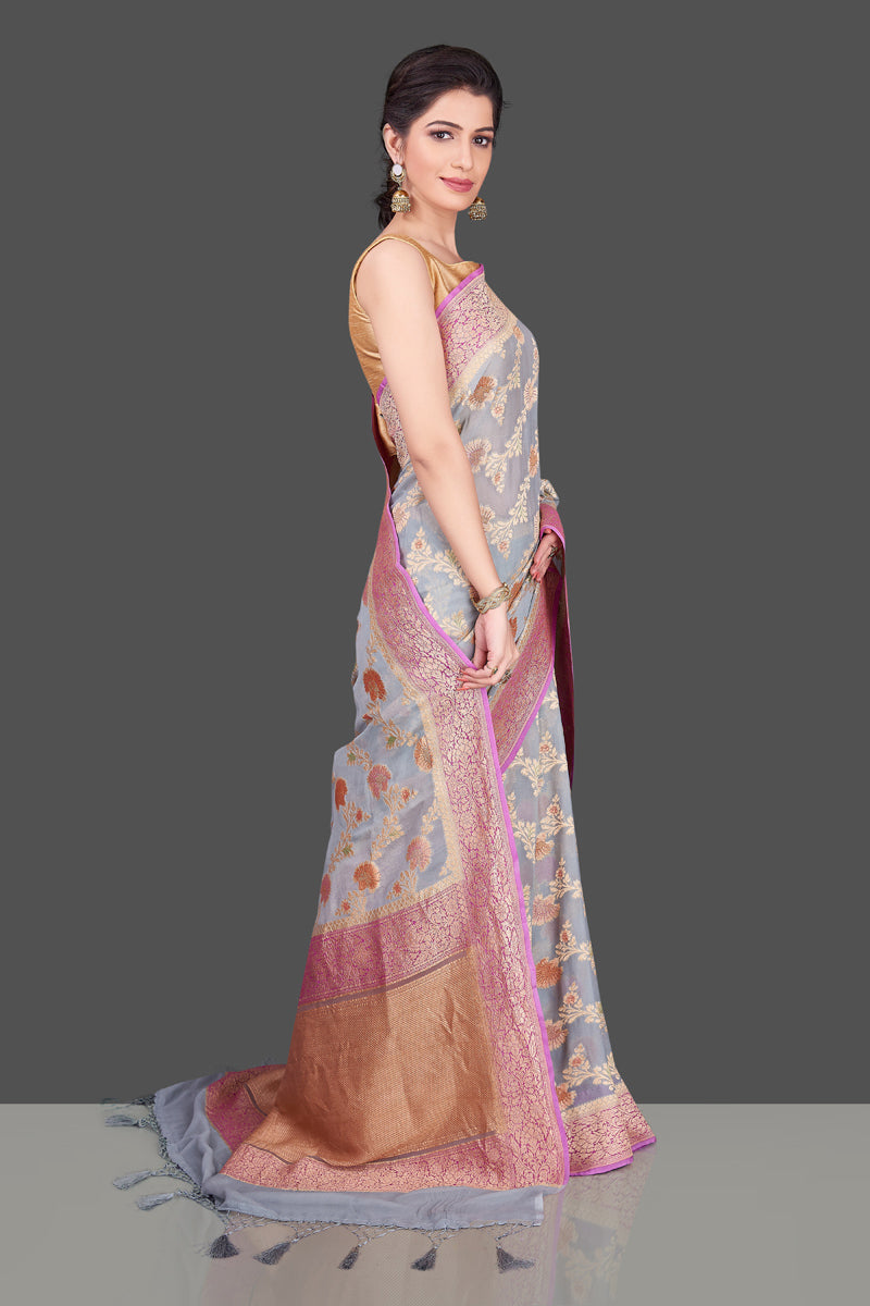 Shop light grey georgette Banarasi sari online in USA with floral zari jaal. Shop beautiful Banarasi georgette sarees, tussar sarees, pure muga silk sarees in USA from Pure Elegance Indian fashion boutique in USA. Get spoiled for choices with a splendid variety of Indian saris to choose from! Shop now.-side