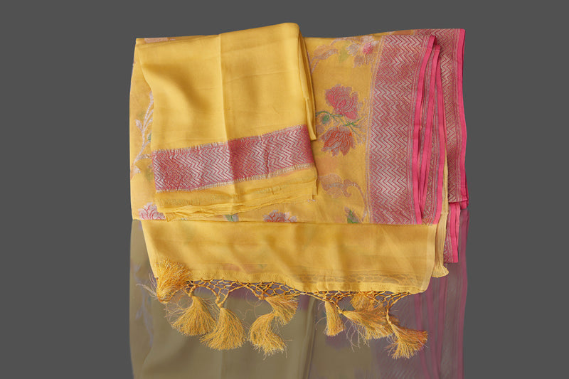 Buy stunning yellow georgette Banarasi sari online in USA with floral zari jaal. Shop beautiful Banarasi georgette sarees, tussar sarees, pure muga silk sarees in USA from Pure Elegance Indian fashion boutique in USA. Get spoiled for choices with a splendid variety of Indian saris to choose from! Shop now.-details