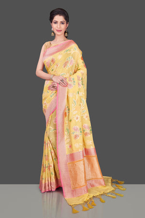Buy stunning yellow georgette Banarasi sari online in USA with floral zari jaal. Shop beautiful Banarasi georgette sarees, tussar sarees, pure muga silk sarees in USA from Pure Elegance Indian fashion boutique in USA. Get spoiled for choices with a splendid variety of Indian saris to choose from! Shop now.-full view
