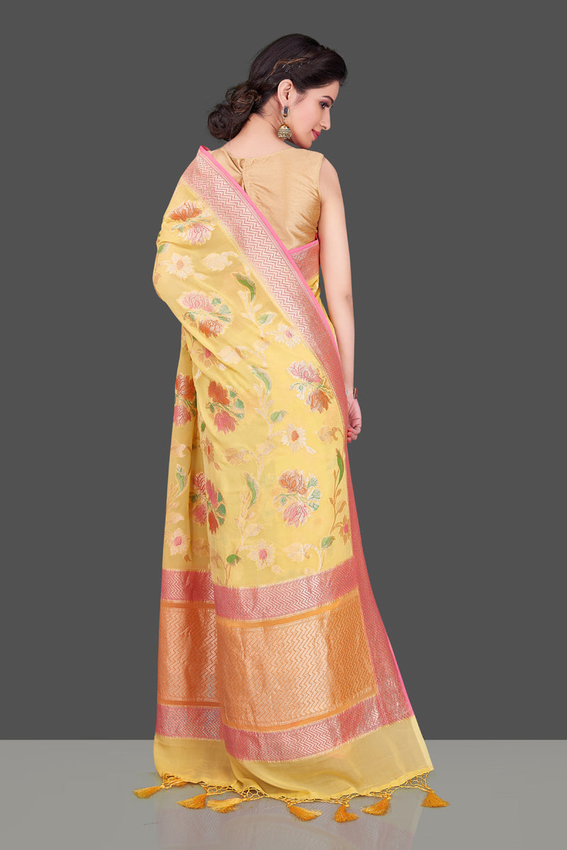 Buy stunning yellow georgette Banarasi sari online in USA with floral zari jaal. Shop beautiful Banarasi georgette sarees, tussar sarees, pure muga silk sarees in USA from Pure Elegance Indian fashion boutique in USA. Get spoiled for choices with a splendid variety of Indian saris to choose from! Shop now.-back