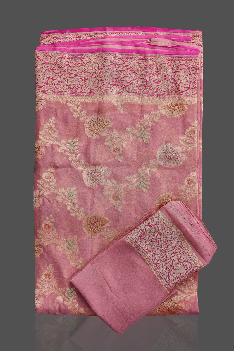 Buy gorgeous dusty pink georgette Benarasi sari online in USA with floral zari jaal. Shop beautiful Banarasi georgette sarees, tussar sarees, pure muga silk sarees in USA from Pure Elegance Indian fashion boutique in USA. Get spoiled for choices with a splendid variety of Indian saris to choose from! Shop now.-details