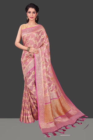 Buy gorgeous dusty pink georgette Benarasi sari online in USA with floral zari jaal. Shop beautiful Banarasi georgette sarees, tussar sarees, pure muga silk sarees in USA from Pure Elegance Indian fashion boutique in USA. Get spoiled for choices with a splendid variety of Indian saris to choose from! Shop now.-full view