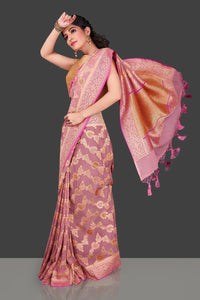 Buy gorgeous dusty pink georgette Benarasi sari online in USA with floral zari jaal. Shop beautiful Banarasi georgette sarees, tussar sarees, pure muga silk sarees in USA from Pure Elegance Indian fashion boutique in USA. Get spoiled for choices with a splendid variety of Indian saris to choose from! Shop now.-side