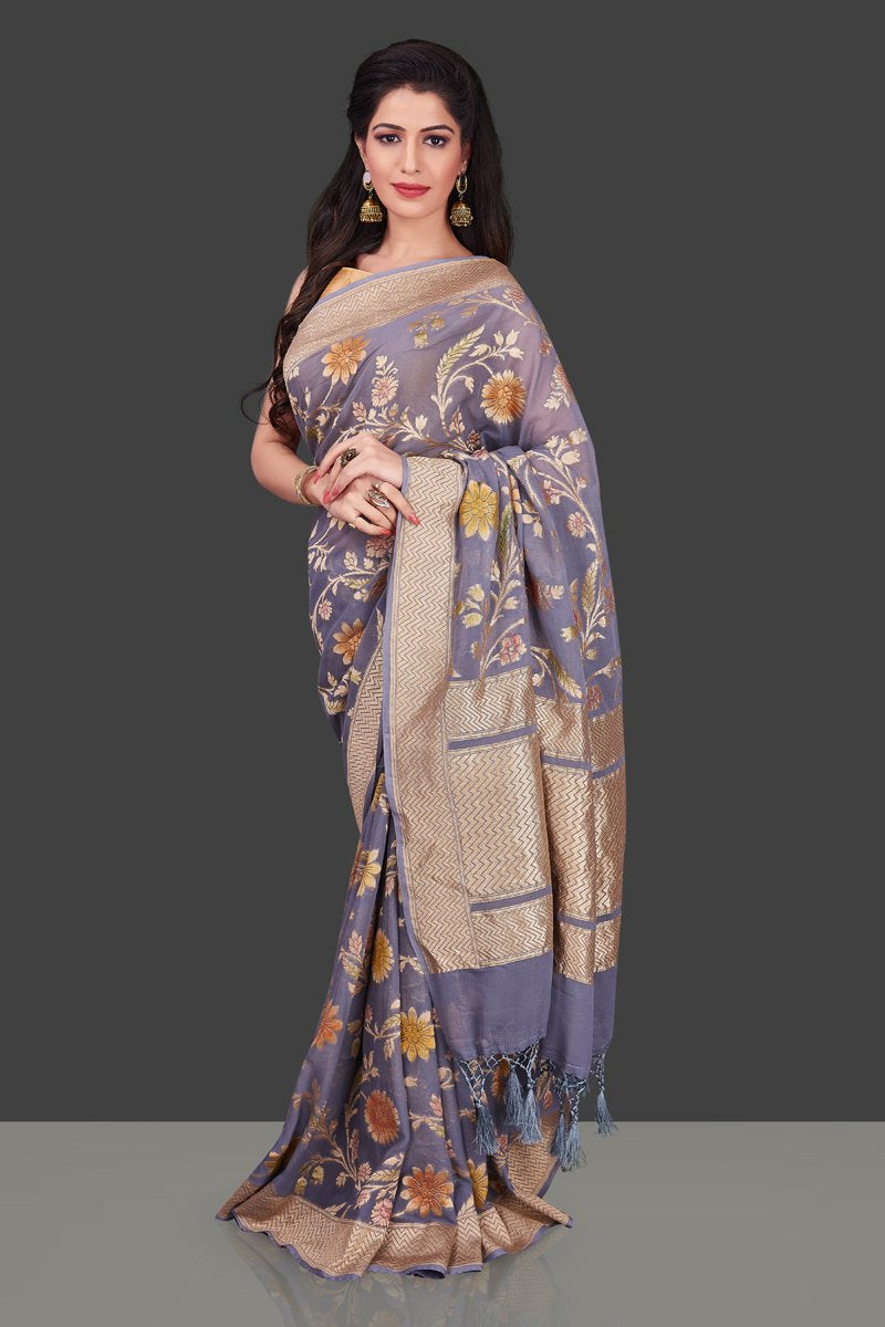 Shop grey georgette Benarasi saree online in USA with floral zari jaal. Shop beautiful Banarasi georgette sarees, tussar sarees, pure muga silk sarees in USA from Pure Elegance Indian fashion boutique in USA. Get spoiled for choices with a splendid variety of Indian sarees to choose from! Shop now.-full view