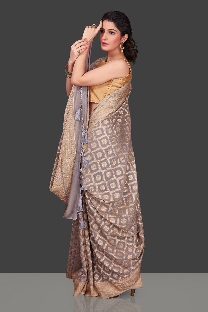 Shop beautiful light grey Banarasi georgette sari online in USA with zari work. Shop beautiful Banarasi georgette sarees, tussar saris, pure muga silk saris in USA from Pure Elegance Indian fashion boutique in USA. Get spoiled for choices with a splendid variety of Indian sarees to choose from! Shop now.-side