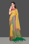 Shop online yellow georgette Benarasi saree in USA with pink green zari border. Shop beautiful Banarasi georgette sarees, tussar saris, pure muga silk saris in USA from Pure Elegance Indian fashion boutique in USA. Get spoiled for choices with a splendid variety of Indian sarees to choose from! Shop now.-full view