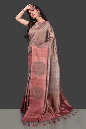 Shop attractive brown tassar Benarasi sari online in USA with zari buta on border. Shop beautiful Banarasi georgette sarees, tussar saris, pure muga silk saris in USA from Pure Elegance Indian fashion boutique in USA. Get spoiled for choices with a splendid variety of Indian sarees to choose from! Shop now.-side