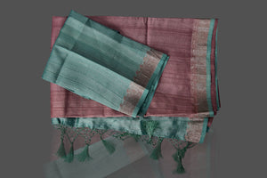 Buy beautiful mauve color tassar Benarasi saree online in USA with zari buta on green border. Shop beautiful Banarasi georgette sarees, tussar saris, pure muga silk saris in USA from Pure Elegance Indian fashion boutique in USA. Get spoiled for choices with a splendid variety of Indian sarees to choose from! Shop now.-details