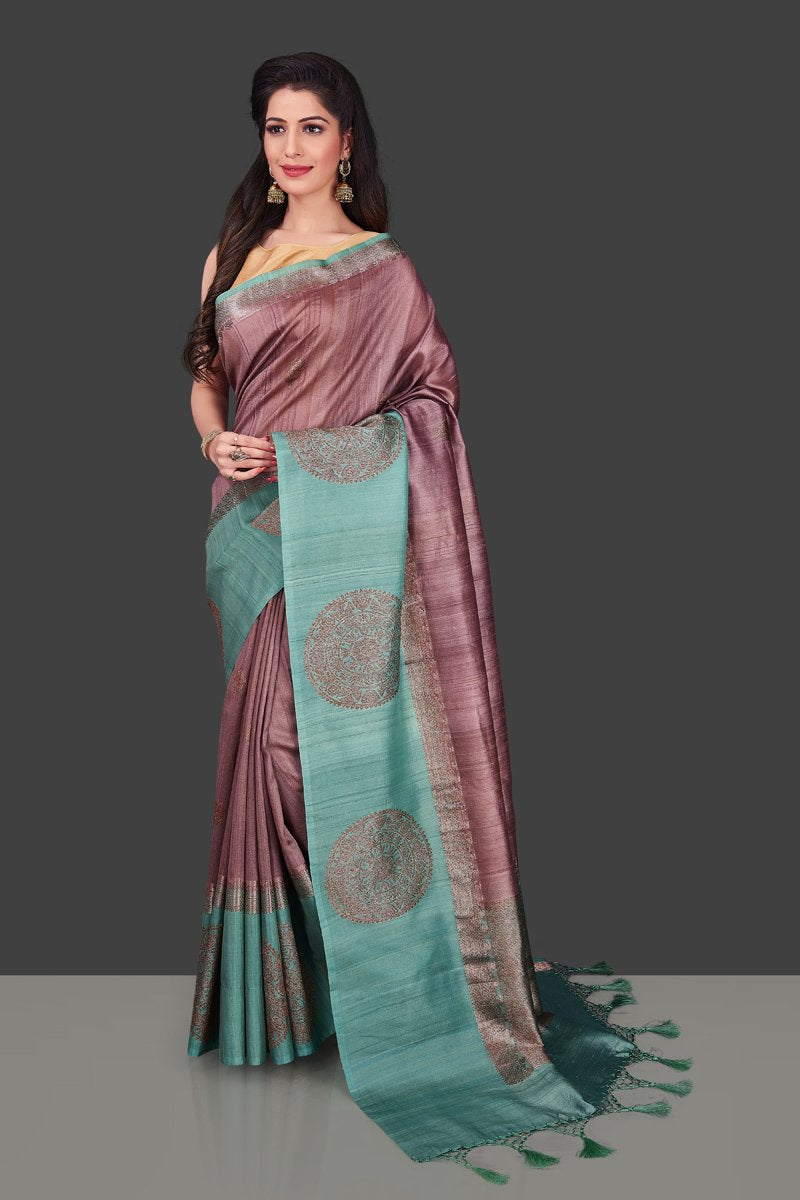 Buy beautiful mauve color tassar Benarasi saree online in USA with zari buta on green border. Shop beautiful Banarasi georgette sarees, tussar saris, pure muga silk saris in USA from Pure Elegance Indian fashion boutique in USA. Get spoiled for choices with a splendid variety of Indian sarees to choose from! Shop now.-full view