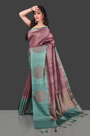 Buy beautiful mauve color tassar Benarasi saree online in USA with zari buta on green border. Shop beautiful Banarasi georgette sarees, tussar saris, pure muga silk saris in USA from Pure Elegance Indian fashion boutique in USA. Get spoiled for choices with a splendid variety of Indian sarees to choose from! Shop now.-pallu