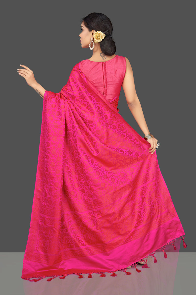 Shop bright pink tanchoi Benarasi sari online in USA. Be the center of attraction at weddings and parties with your captivating ethnic style in beautiful Banarsi silk sarees. tanchoi saris from Pure Elegance Indian fashion store in USA.-back