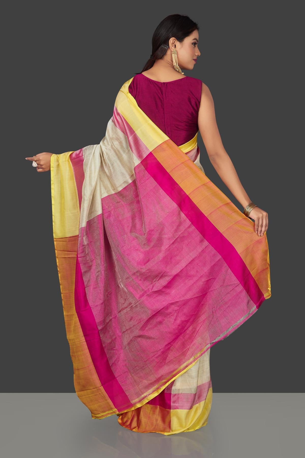 Buy beautiful off-white  Uppada silk saree online in USA with pink and yellow border. Keep it elegant with handwoven silk sarees, Uppada silk sarees from Pure Elegance Indian fashion boutique in USA.-back