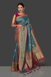 Buy gorgeous steel blue tassar Banarasi saree online in USA with antique zari border and zari buta. Garner compliments on weddings and special occasions with exquisite Banarasi sarees, handwoven silk sarees, tussar sarees from Pure Elegance Indian fashion store in USA.-full view