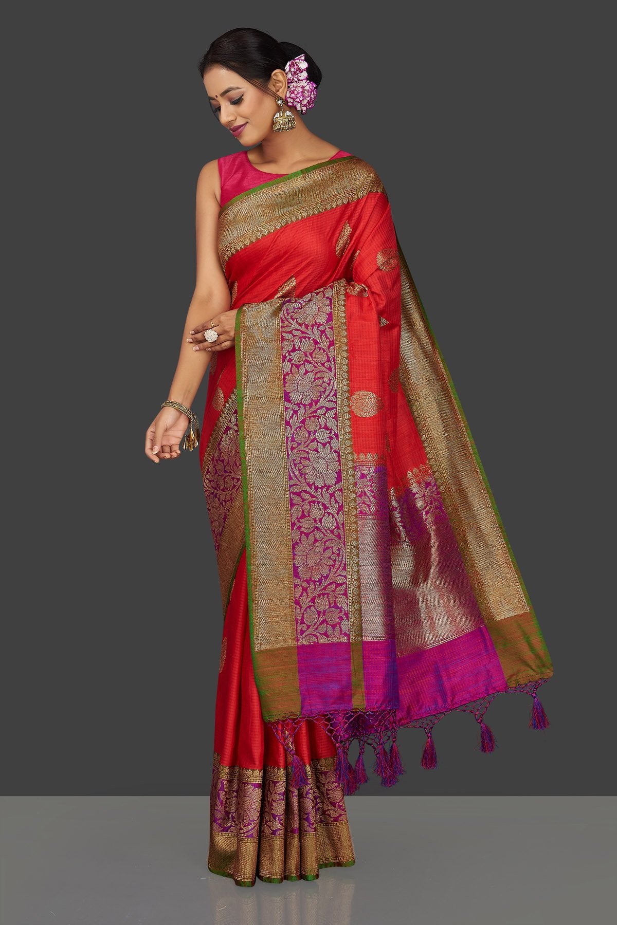 Shop stunning reddish orange tussar Banarasi sari online in USA with pink zari border. Garner compliments on weddings and special occasions with exquisite Banarasi saris, handwoven silk sarees, tussar sarees from Pure Elegance Indian fashion store in USA.-full view