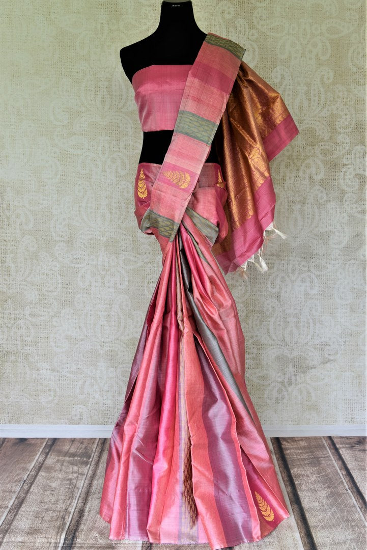 Shop beautiful pink and mauve Kanchipuram sari online in USA with zari buta. Shop beautiful Kanchipuram silk saris, pure zari silk sarees in USA from Pure Elegance Indian fashion store in USA. Shop online now.-full view