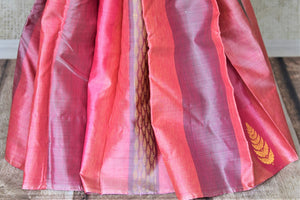Shop beautiful pink and mauve Kanchipuram sari online in USA with zari buta. Shop beautiful Kanchipuram silk saris, pure zari silk sarees in USA from Pure Elegance Indian fashion store in USA. Shop online now.-pleats
