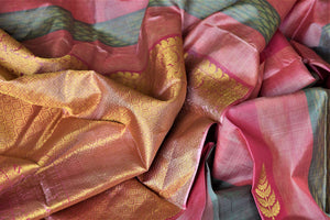 Shop beautiful pink and mauve Kanchipuram sari online in USA with zari buta. Shop beautiful Kanchipuram silk saris, pure zari silk sarees in USA from Pure Elegance Indian fashion store in USA. Shop online now.-details