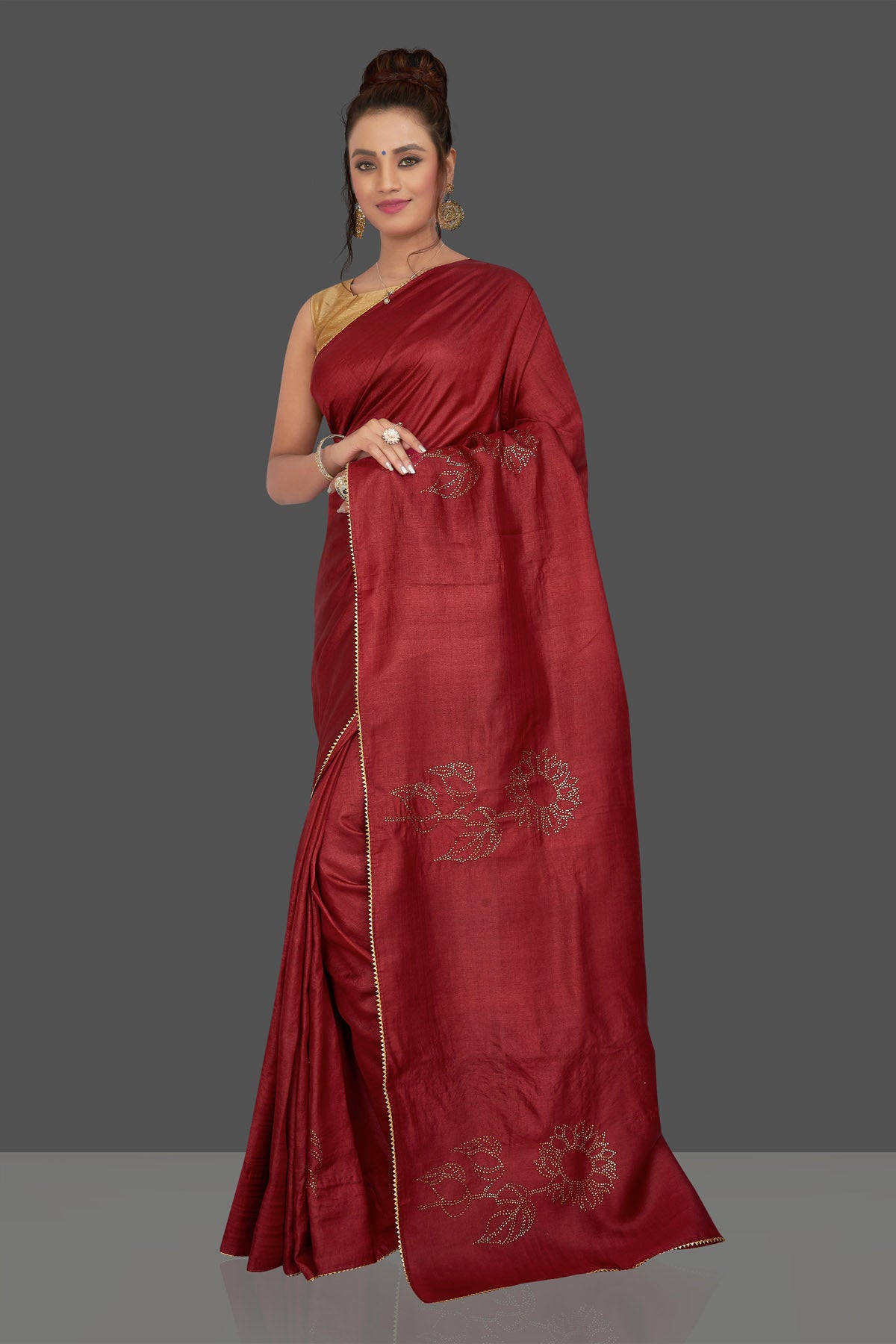 Buy gorgeous cherry red embroidered tussar silk sari online in USA. Shop for weddings and special occasions stunning tussar saris, hand embroidered saris, crepe sarees, designer sarees in USA from Pure Elegance Indian clothing store in USA. Shop online now.-front
