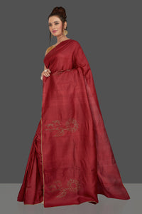 Buy gorgeous cherry red embroidered tussar silk sari online in USA. Shop for weddings and special occasions stunning tussar saris, hand embroidered saris, crepe sarees, designer sarees in USA from Pure Elegance Indian clothing store in USA. Shop online now.-full view