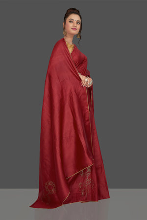 Buy gorgeous cherry red embroidered tussar silk sari online in USA. Shop for weddings and special occasions stunning tussar saris, hand embroidered saris, crepe sarees, designer sarees in USA from Pure Elegance Indian clothing store in USA. Shop online now.-pallu