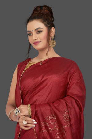 Buy gorgeous cherry red embroidered tussar silk sari online in USA. Shop for weddings and special occasions stunning tussar saris, hand embroidered saris, crepe sarees, designer sarees in USA from Pure Elegance Indian clothing store in USA. Shop online now.-closeup