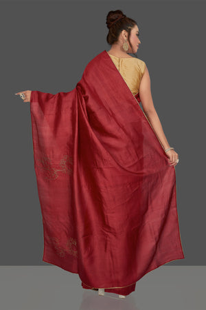 Buy gorgeous cherry red embroidered tussar silk sari online in USA. Shop for weddings and special occasions stunning tussar saris, hand embroidered saris, crepe sarees, designer sarees in USA from Pure Elegance Indian clothing store in USA. Shop online now.-back